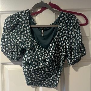 Free People Dark Green Floral Puff Sleeve Blouse